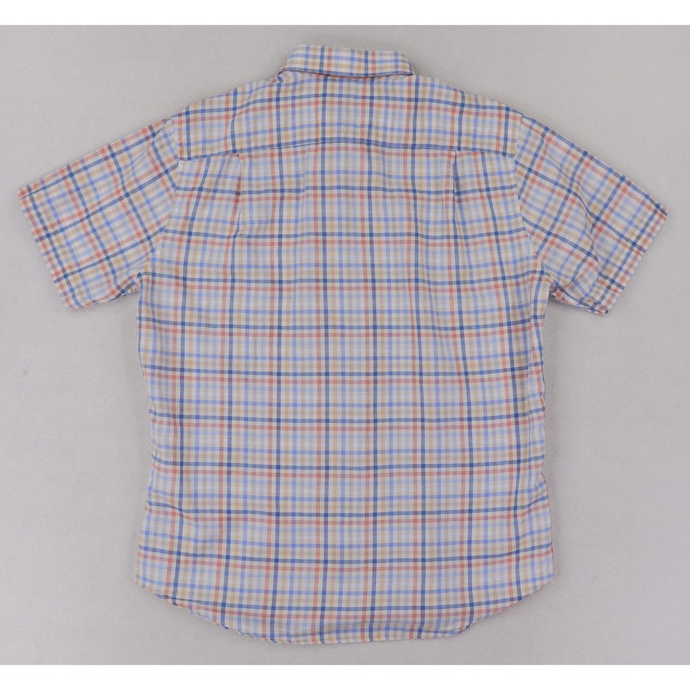 David Donahue Shirt Mens Medium Blue Pink Tan Plaid Short Sleeve Linen Blend - Picture 3 of 12